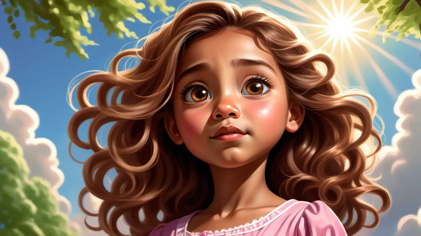 Flat art, children's book, cute, 7 year old girl, tan skin, light hazel head down,concerned expression, looking up, disney eye and cheeks, big long tight curl hair brown hair, beautiful, pink and brown dress, sun rays. close up portrait, green nature, willow, trees, blue sky, clouds