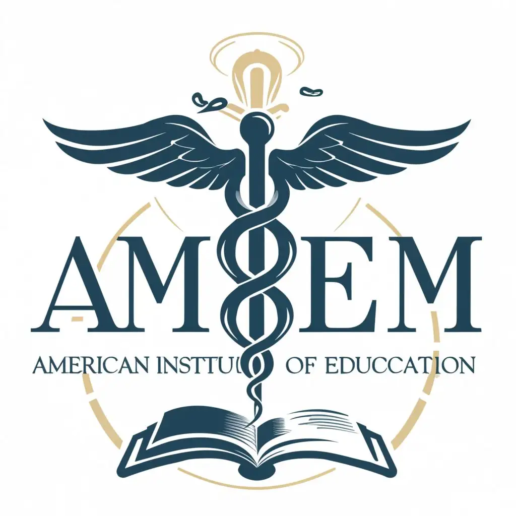 logo, caduceus with medical symbol with intertwined serpents and wings with an open book, with the text "AIM 
AMERICAN INSTITUTE OF EDUCATION CME", typography, be used in Medical Dental industry