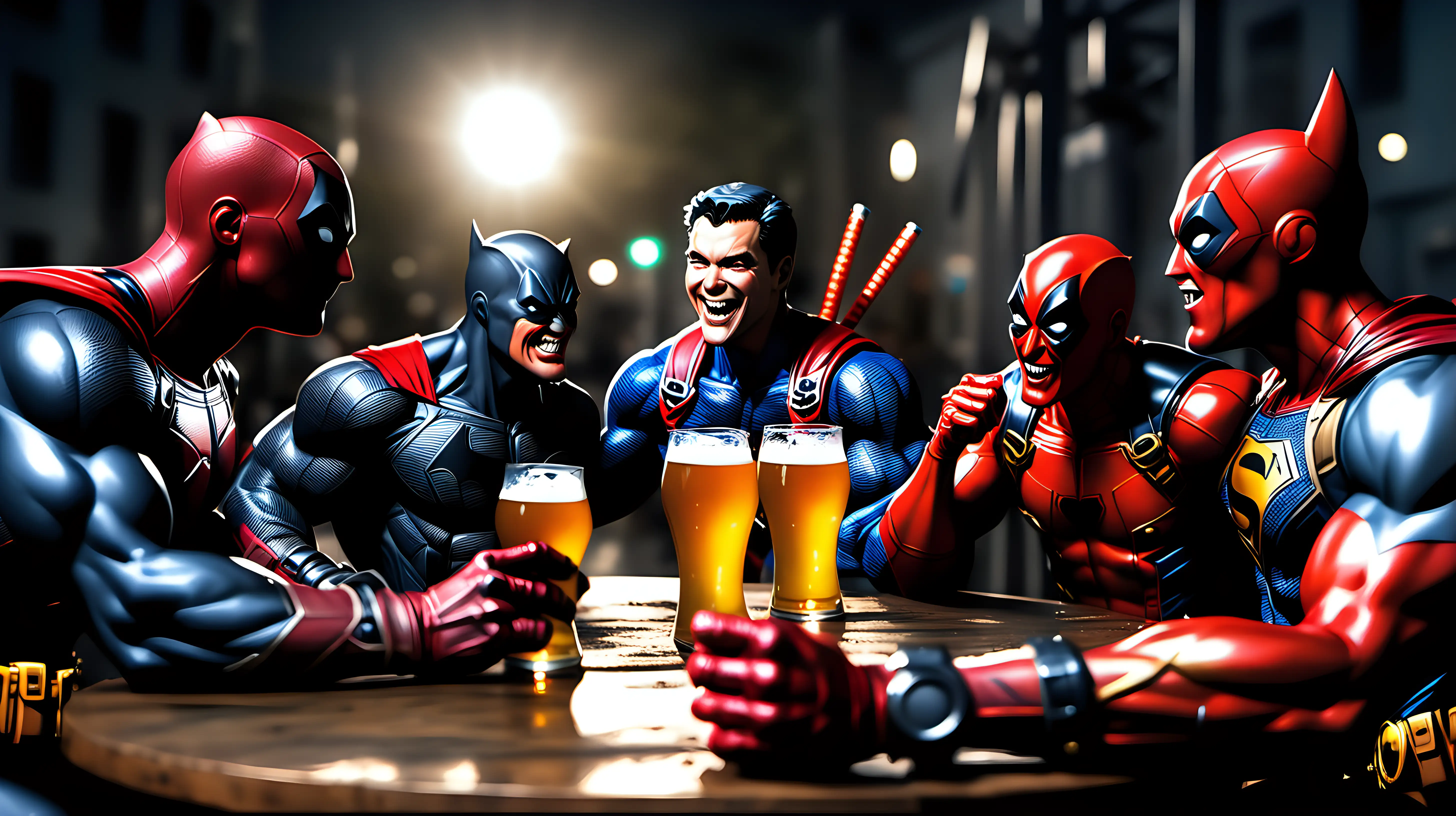 CCreate photopgraph picture with focus lens 35m, ari, on the picture are friend, Ddeadpool, Superman, Batman, Flash, Spiderman and Thor, all realistic, they drinking beer and laughing, cinematic shoot in 16:9 v6.0