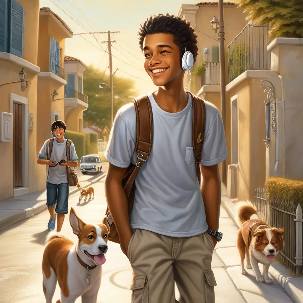 Cheerful Teen with Headphones Strolling in Sunlit Neighborhood