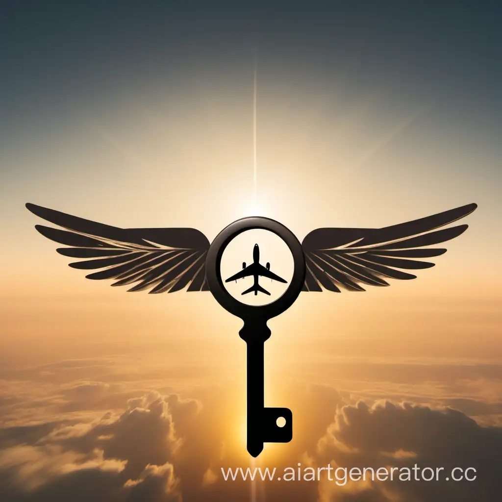Логотип дверной ключ с лопастями самолета и крыльями самолета взлетает на фоне рассвета