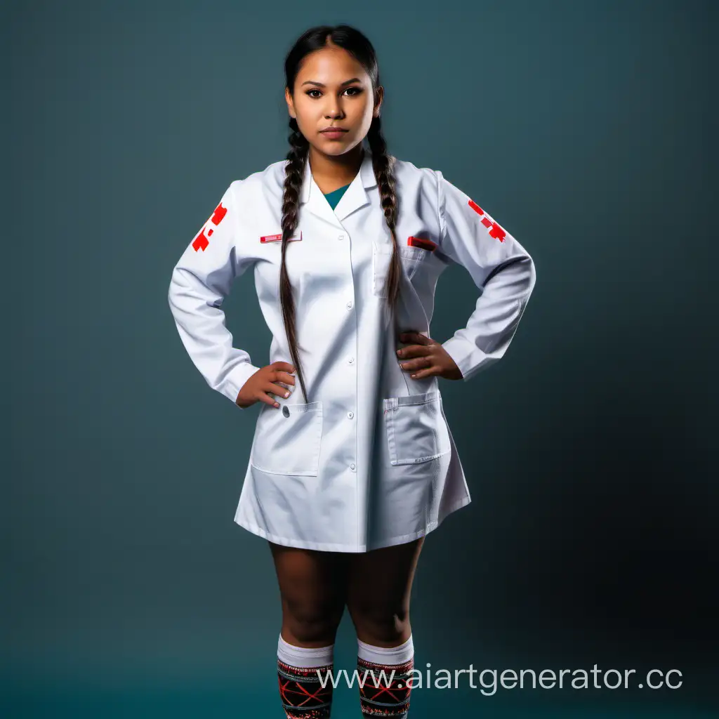 Young indigenous nurse with bare legs and long sleeves with pigtails, full height