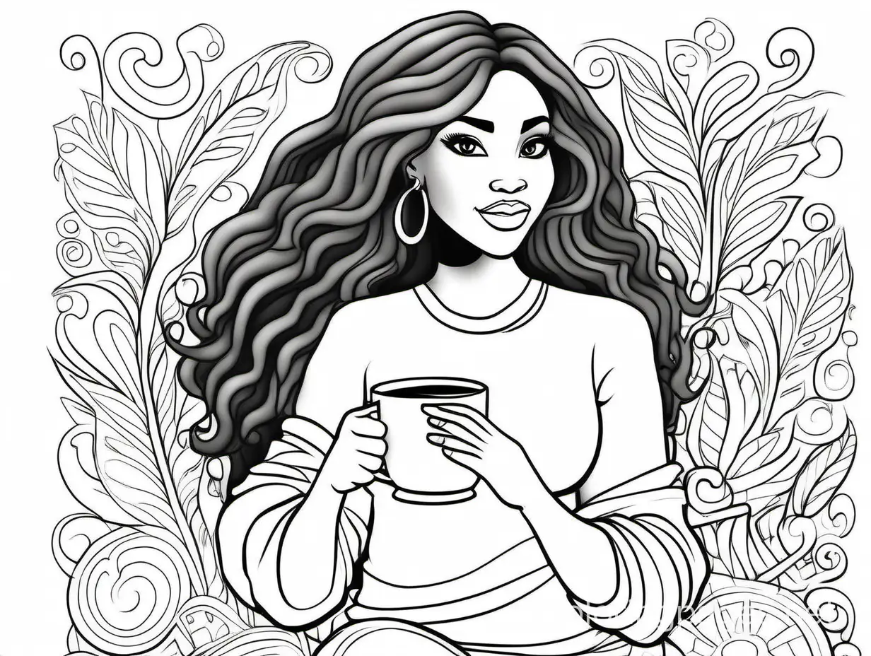 Elegant-Black-Woman-with-Coffee-Cup-Coloring-Page