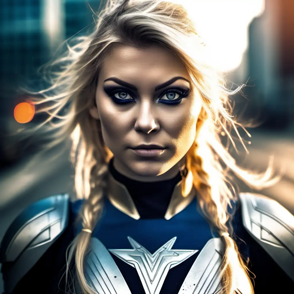 Beautiful Nordic woman, very attractive face, detailed eyes, big breasts, dark eye shadow, messy blonde hair, wearing a kryptonian cosplay costume, extremely close up, bokeh background, soft light on face, rim lighting, facing away from camera, looking back over her shoulder, standing in front of the city, photorealistic, very high detail, extra wide photo, face photo, aerial photo