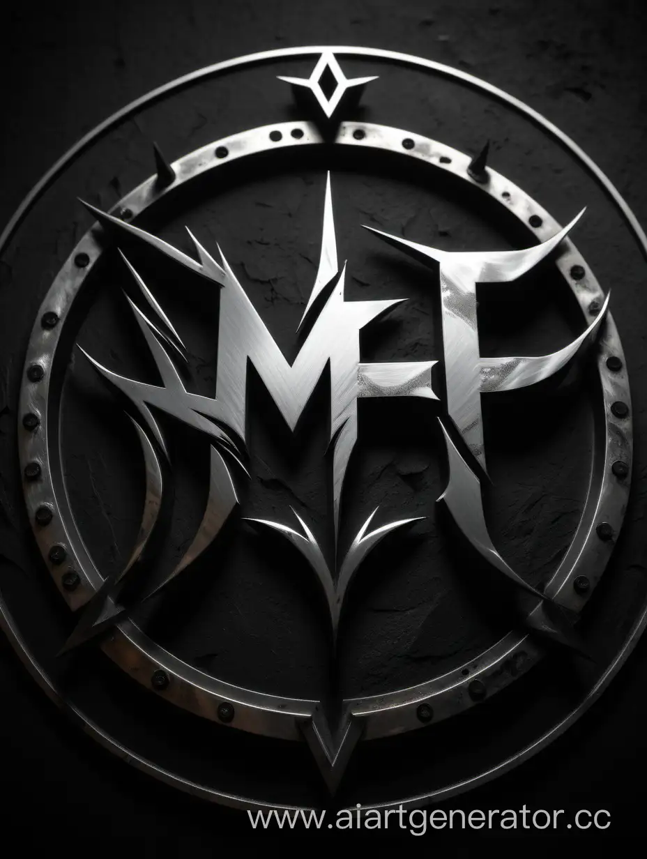 Metal logo MF in a circle on a background of black metal