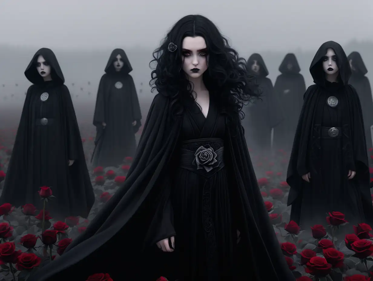 Black haired woman in black robes. goth, female, pale skin, long curly black hair, jedi, black makeup, streaking mascara, black jedi robes, black roses in her hair, saddened, standing in a foggy field of black roses, fantasy, Anime. Grey eyes. Surrounded by a cult in black robes