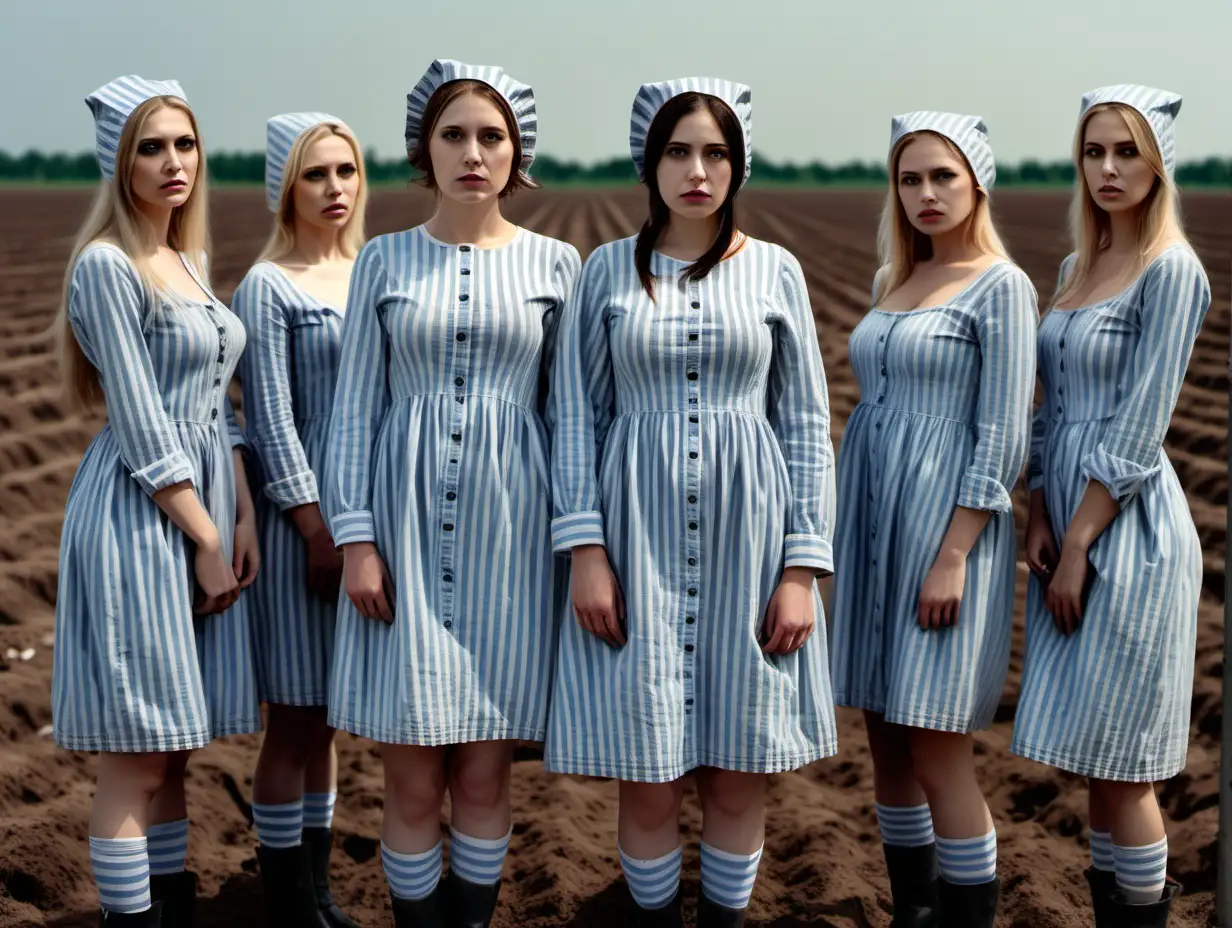 Group of busty prisoner woman (30 years old, same dress) stand(far from each other) on a cottonfield in dirty ragged blue-white vertical striped longsleeve midi-length buttoned gowndress(smallshortbonnet , collarless, roundneck, sad and desperate), look into camera, warm colors