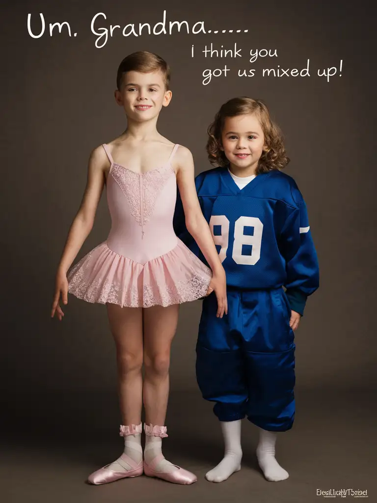 Gender role-reversal, a white cute 10-year-old thin boy, his blind grandmother has accidentally dressed him up in his sister’s tight lacy pink ballet dress and frilly pink ankle socks and ballet slippers, the boy’s 8-year-old sister who is wearing a baggy blue football uniform is stood next to the boy, adorable, perfect children faces, perfect faces, clear faces, perfect eyes, perfect noses, clear faces, smooth skin, photograph style, the photo is captioned ‘Um grandma… I think you got us mixed up!’, clear captions, accurate captions