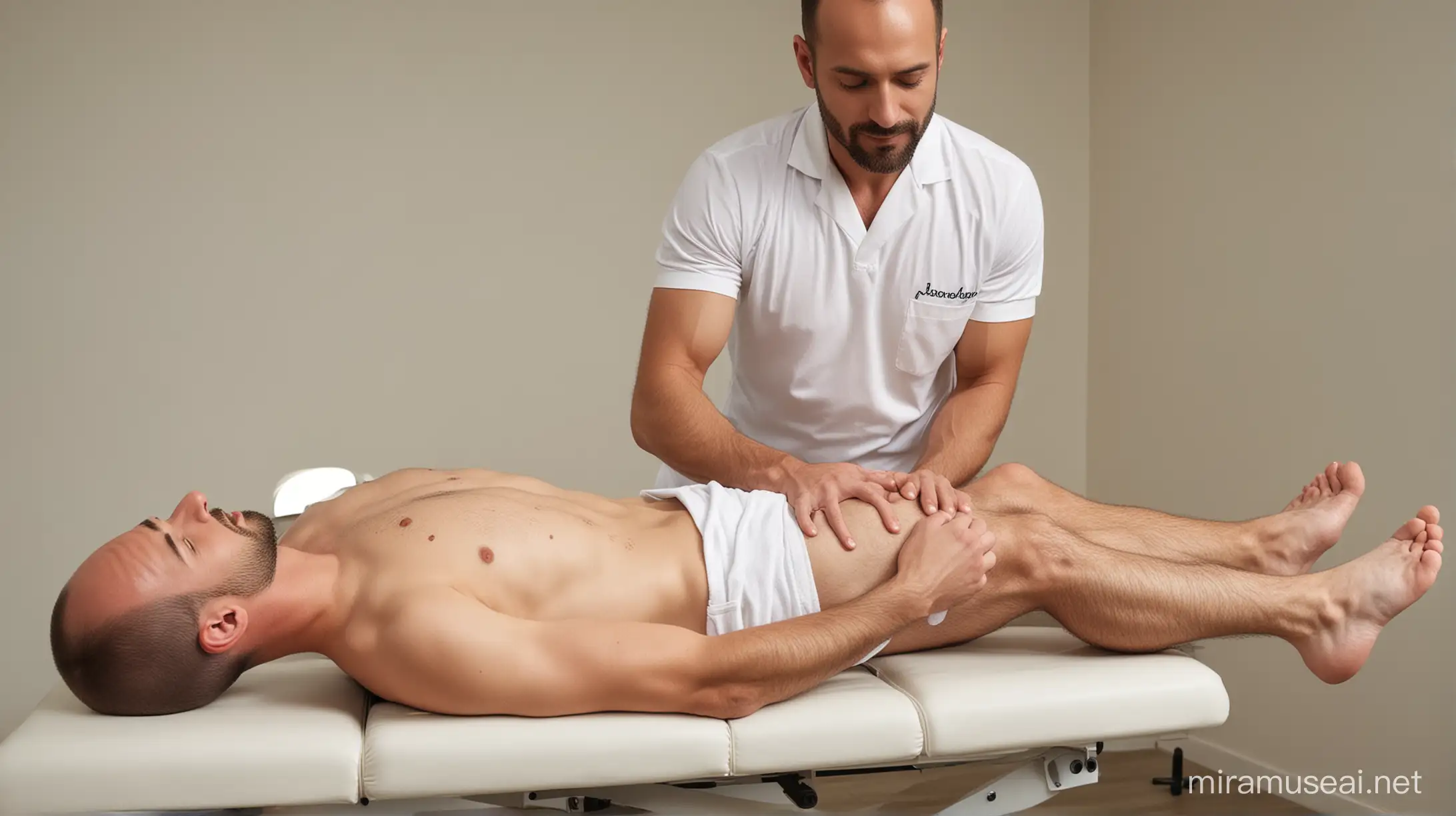 Italian Male Physiotherapist Demonstrating Leg Rehabilitation on Chiropractors Table