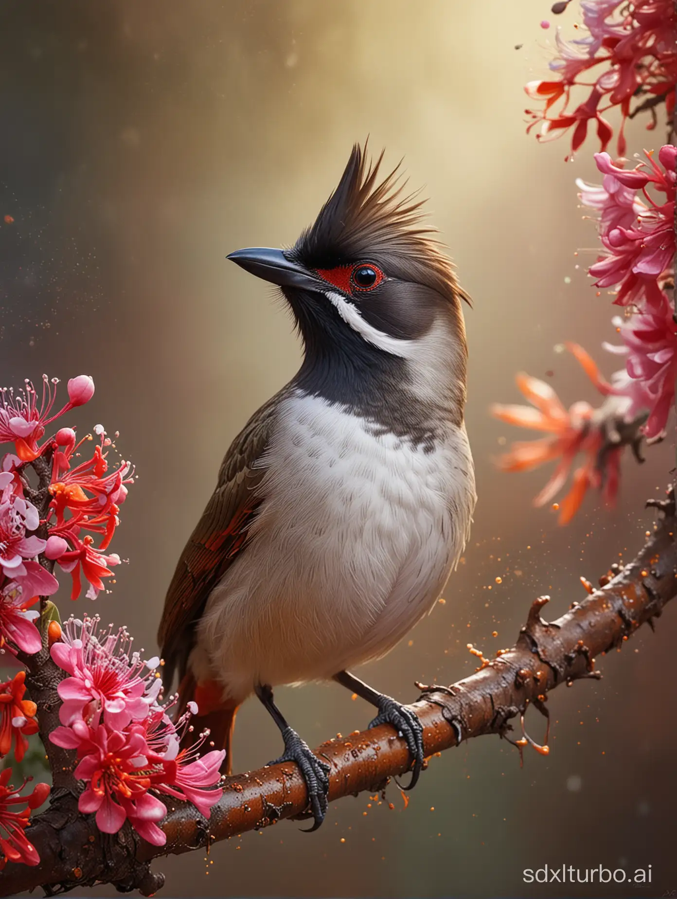 A vibrant and dynamic wildlife portrait of a red-whiskered bulbul in a side profile, adorned with a riotous array of flowers. The bird's eyes are exquisitely detailed, with a sense of depth and dimensionality. The background is a mesmerizing explosion of primary, secondary, and tertiary colors, featuring splashes, splatters, and speckles. Gold accents accentuate the composition, and the lighting and shadows create a captivating cinematic effect. This stunning piece, signed by the artist Supersy, captures the essence of the red-whiskered bulbul in an extraordinary manner, as if captured in a moment of movement and energy., photo, painting, poster, cinematic, wildlife photography, illustration