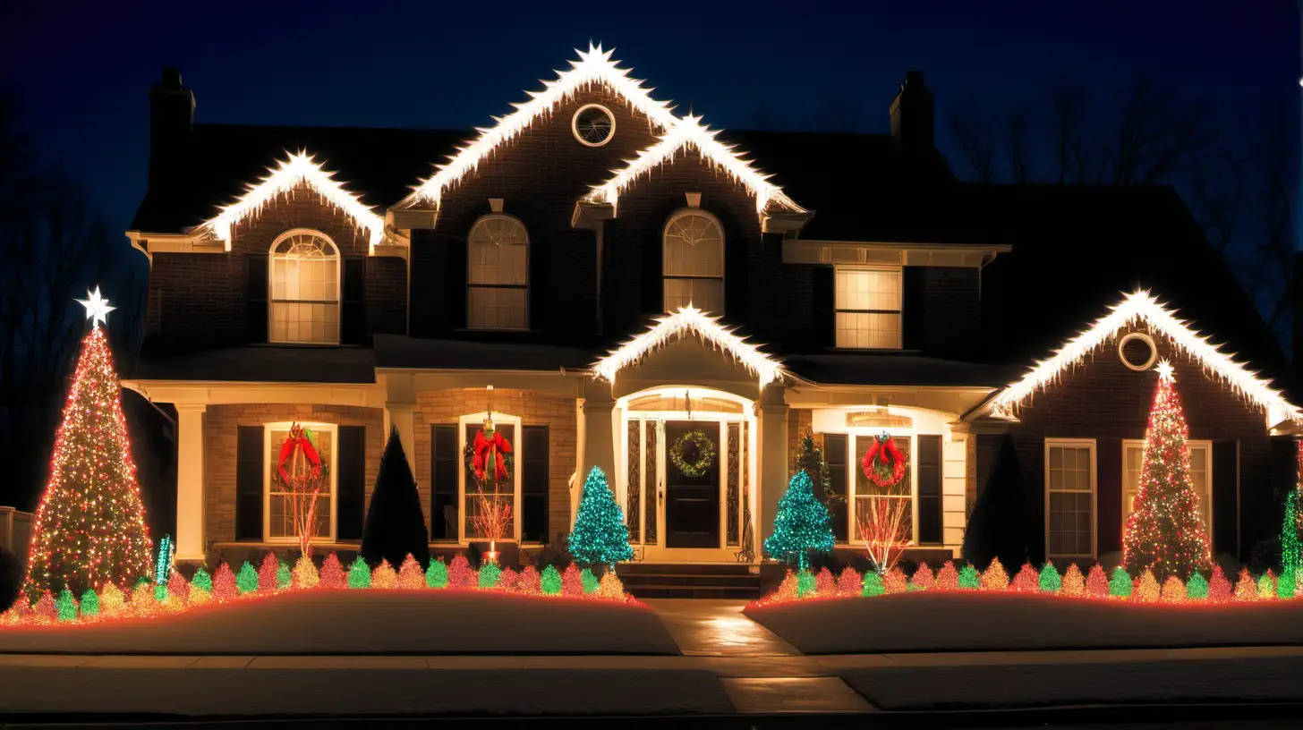 "Illuminate the joy of decorating the exterior of a home with colorful lights and festive wreaths, spreading holiday cheer to the neighborhood."
