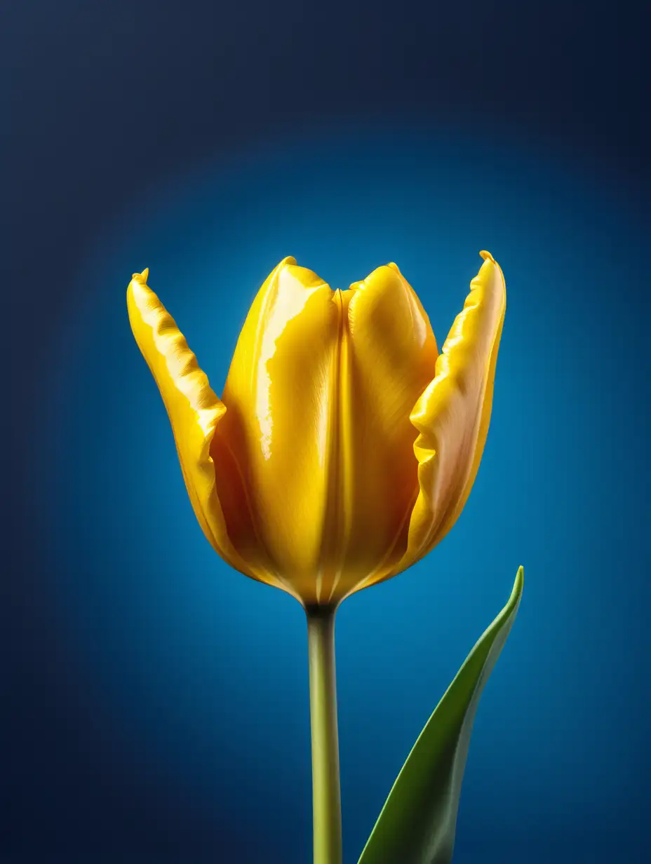 A photorealistic image of a single tulip flower in bright yellow set against a blue background.