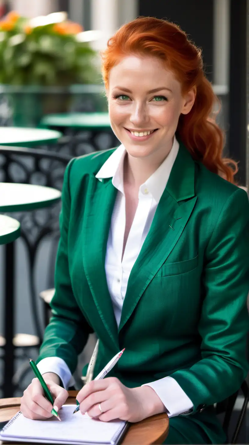 Rachel Nicols Sitting at Cafe Terrace Taking Notes in Emerald Linen Outfit