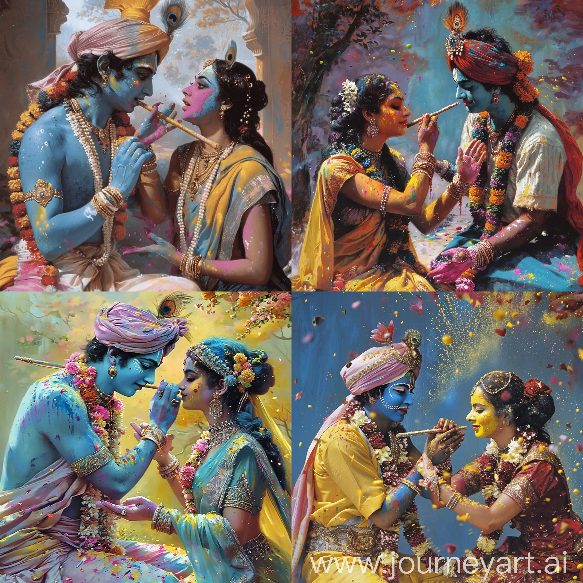 Lord Krishna and Radha playing holi