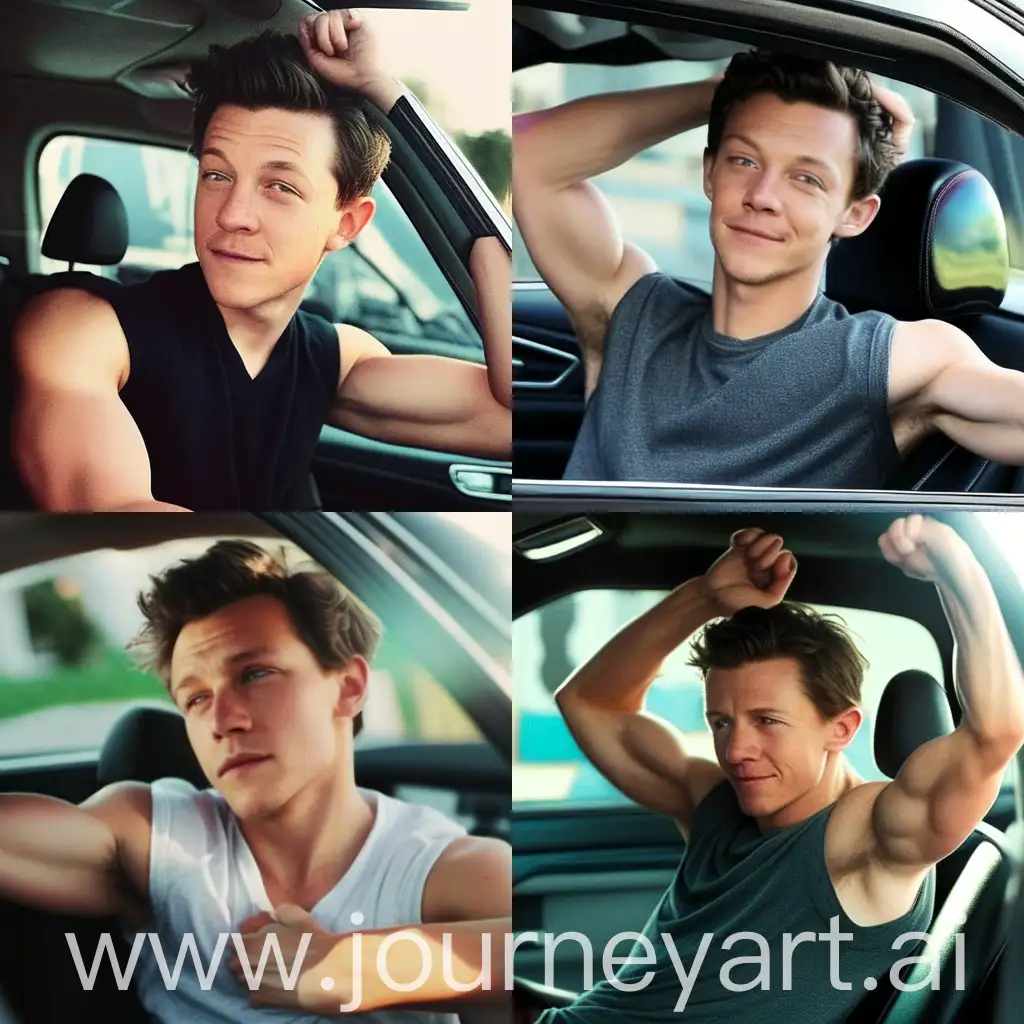 Film lighting, handsome face of actor Tom Holland, a fit lean man in the back seat of the car, wearing a black tank top, with his hands behind his head, hairy armpits, fit lean arms, handsome Tom Holland inside a car, dimlighting, sweaty, skin and glistening, blurred paparazzi background outside the car