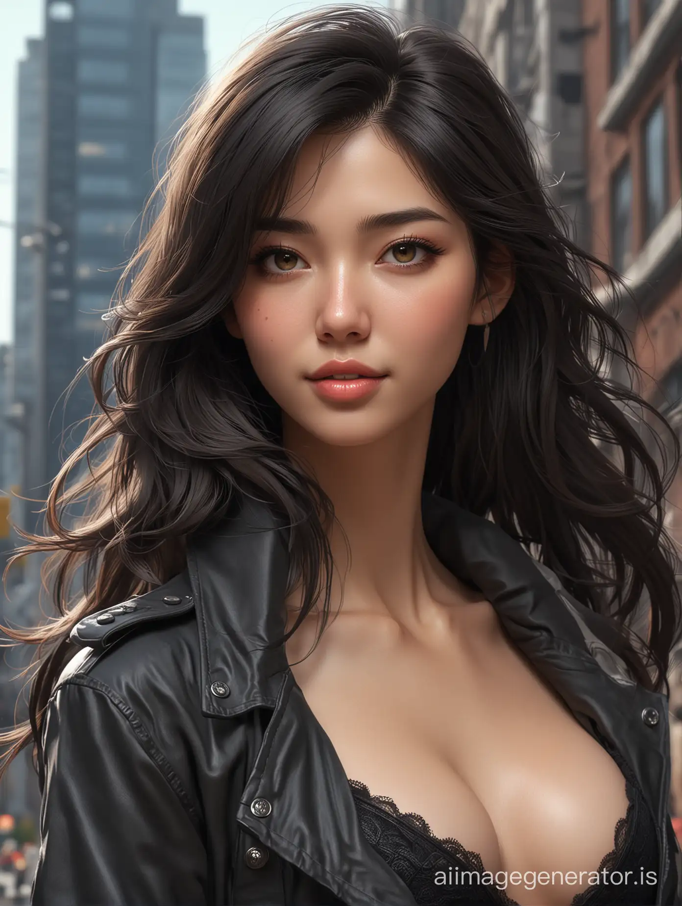 Sweet sexy girl high detail, featuring a perfect strong body and a beautiful, realistically detailed face. She is wearing black old clothes, with long hair, striking a sexy pose in a side view against a city background. She is smiling at the camera, captured in a highly detailed and realistic rendering. Digital painting style with cinematic lighting, by top artists in the industry such as Kim Jung Gi, and Yuumei, artstation feature. 4k resolution, whimsical, detailed shading, character design