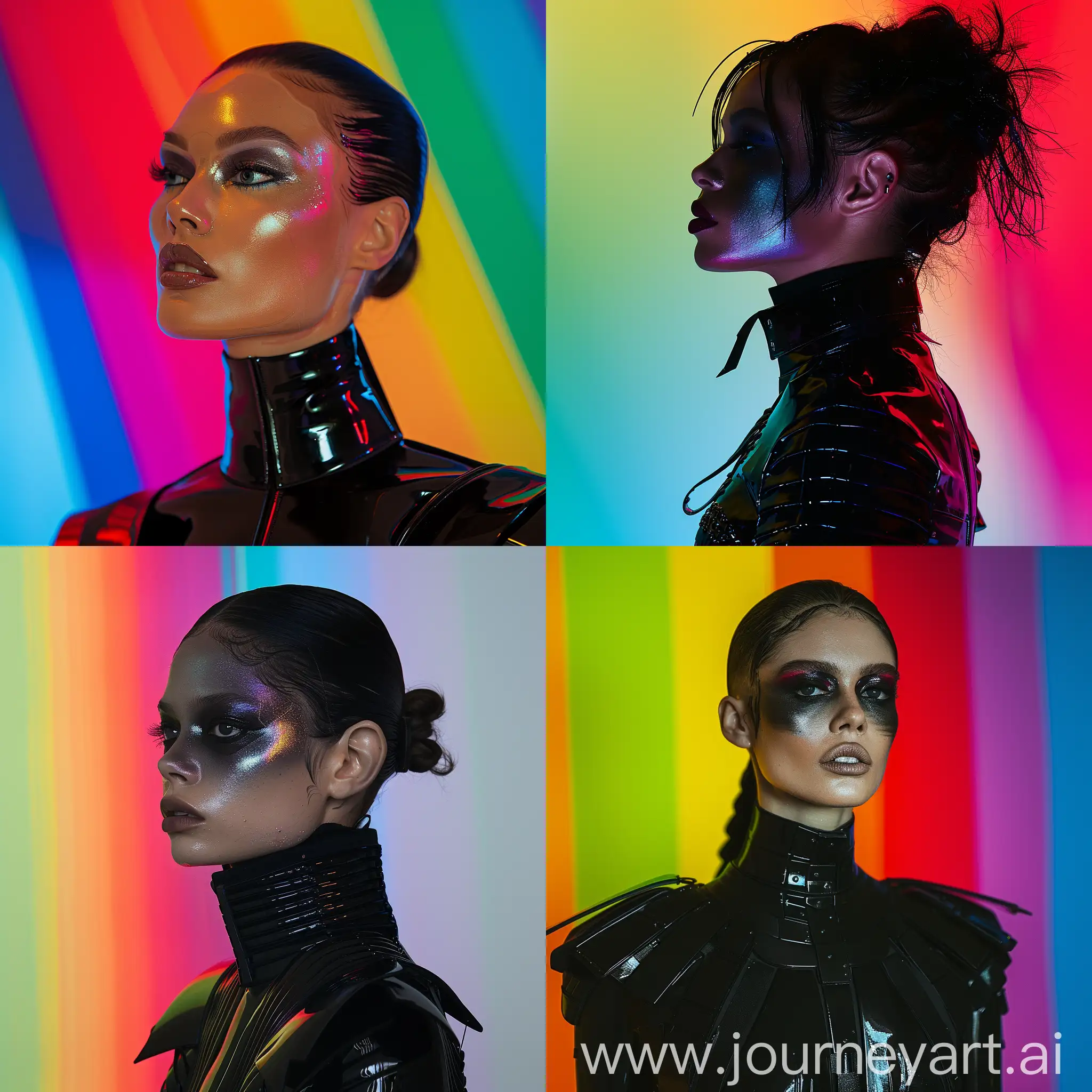 Capture the fierce elegance of a fashion maven adorned in sleek, black lacquered layers reminiscent of futuristic armor. Dark, matte makeup enhances the model's enigmatic allure, intensifying the dramatic impact. Placed against a vivid, saturated rainbow colored background, the interplay of shadows and high-contrast lighting creates an atmosphere of striking power and avant-garde sophistication, delivering a bold and unforgettable visual statement --s 200 