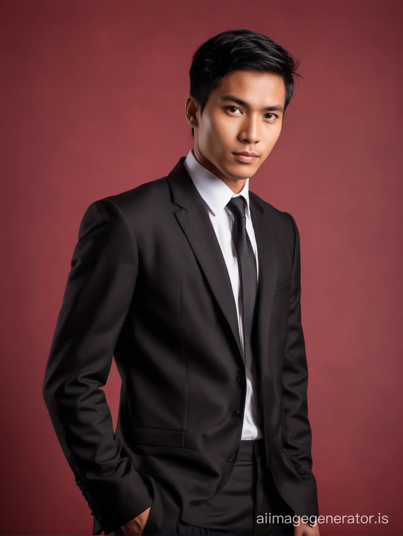 An indonesian handsome young man, black short hair, wearing black sut and black tie, with background red for postcard photo..