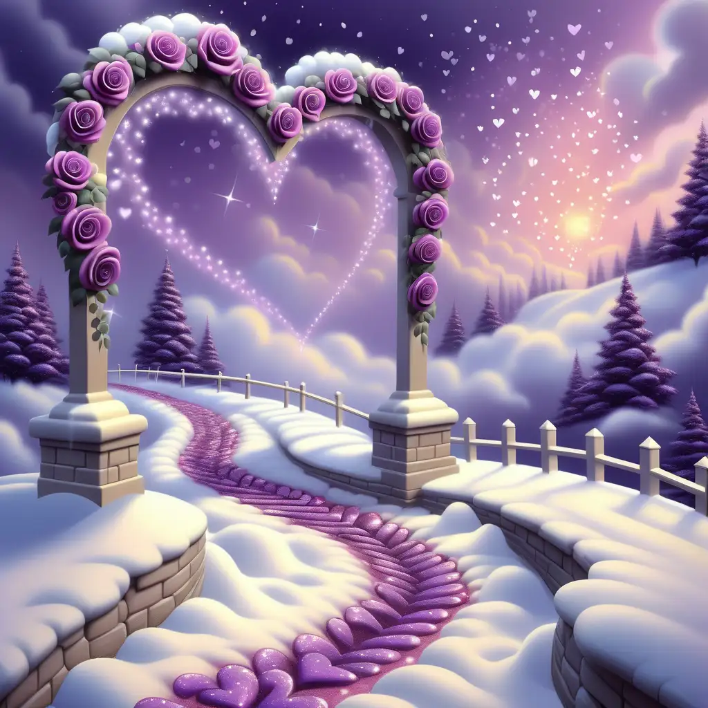 Sparkling glowing path of hearts in the snow leading up to the sky in the clouds with bi colored roses beautiful snowy background purple iridescent glitter, glowing, transparent, sparklecore, Thomas Kinkade