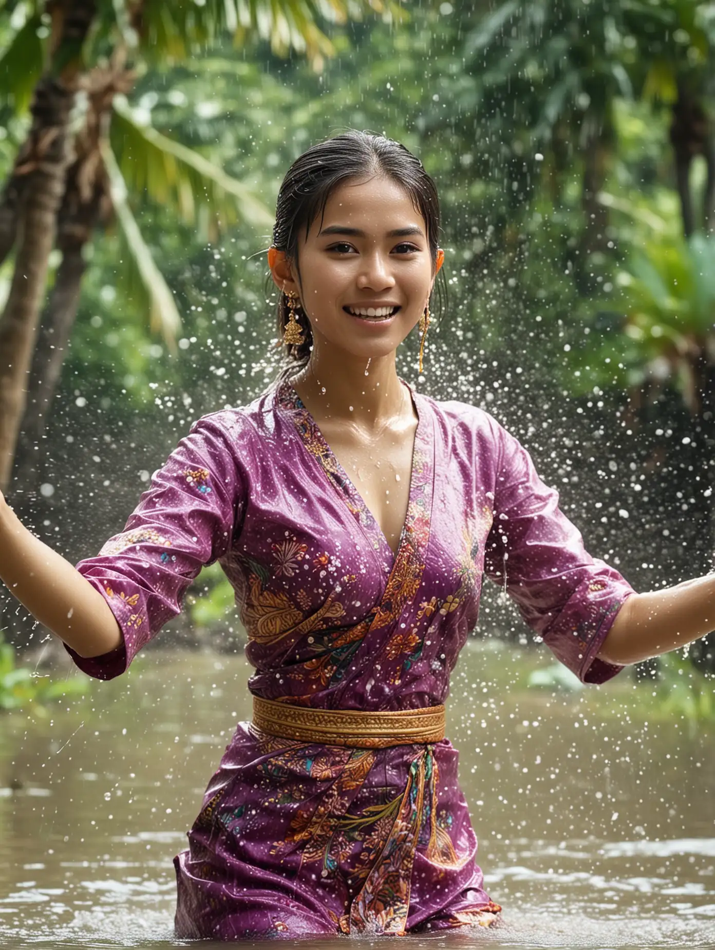 Thai Girl Celebrating Songkran Festival with Traditional Clothes and Water Splash