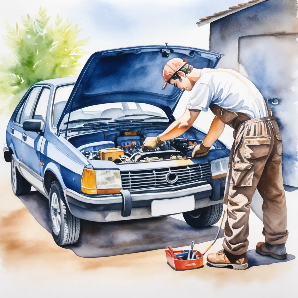 Summer Car Mechanic Repairing Vehicle with Watercolor Technique