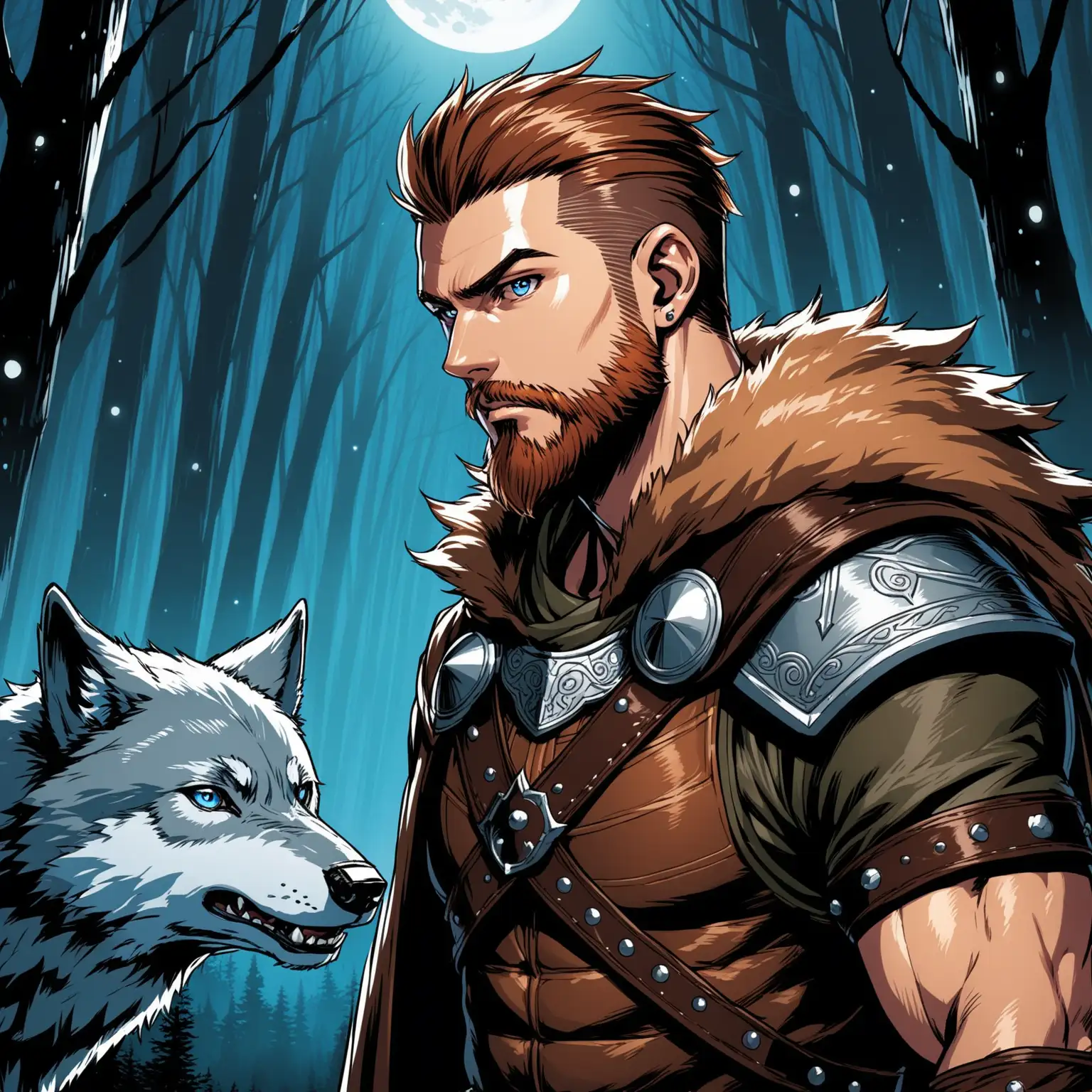 1 man. He is a fantasy ranger with a brown fur cloak over is brown and tan leather studded armor. He has reddish brown fauxhawk hair that is shaved on the sides and a short Viking beard. He is handsome and muscular. He is sneaking through a forest at night under moonlight. He has an serious expression. The hood of his cloak is up and covering his head but his face is shown. He is holding a longbow. He has a big gray wolf with blue eyes stalking next to him.