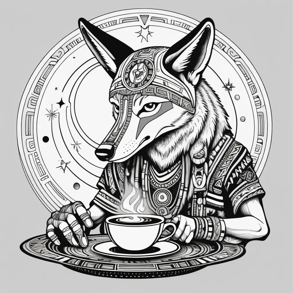 A coyote drinking strong coffee in an astral journey. Black and white colors. Only outline design.  Shamanic style. 
