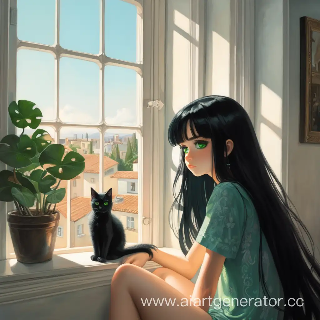 Девушка с черными длинными волосами, зелеными глазами, сидит на окне с черным котом