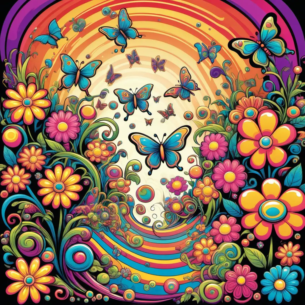 Psychedelic Floral Groove with Butterflies and Swirling Patterns