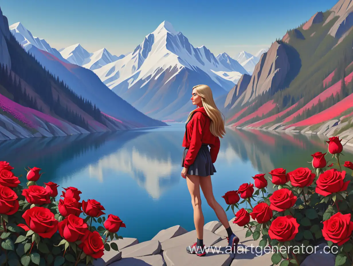 Psychologist-Mountaineer-Alone-by-Mountain-Lake-with-Red-Roses