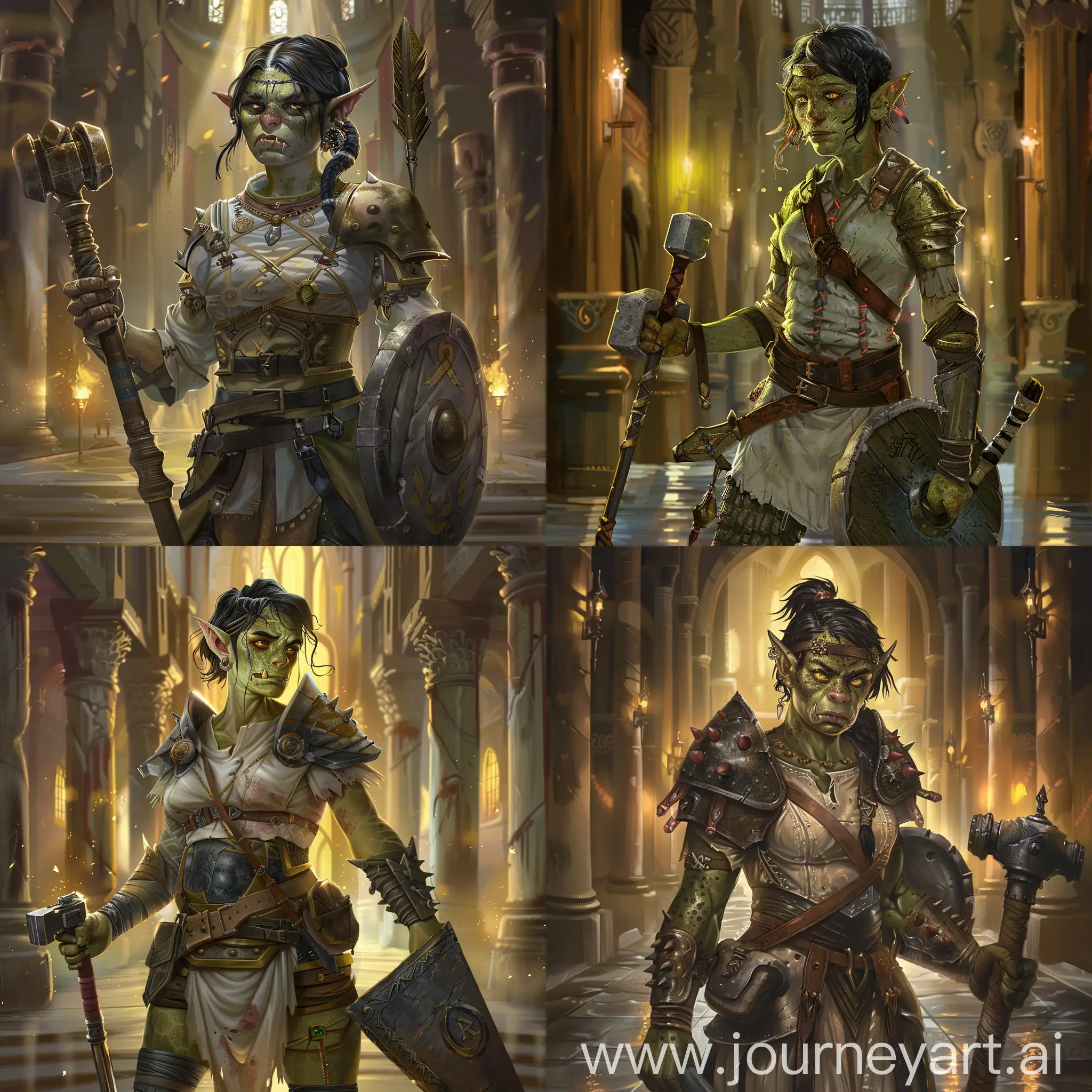 Draw a character from the Dungeons and Dragons universe according to the following description: she is female orc, dressed in light medieval warrior clothes. She has a mace and a shield. She has green skin with freckles, yellow eyes, short black hair with little braid. Sharp fangs are visible from under the lower lip. Medieval hall with columns, illuminated by magical light in the background