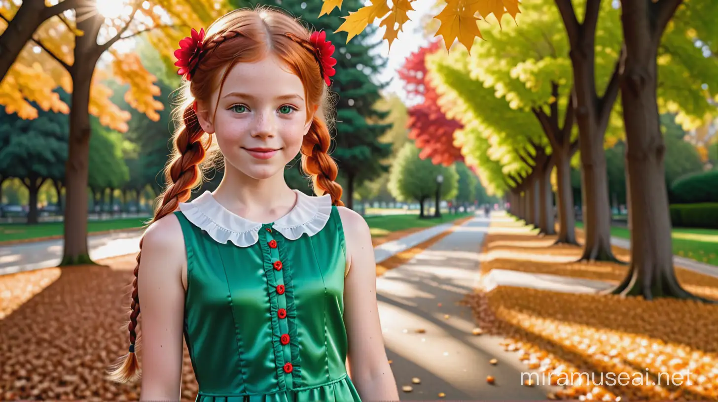 Redheaded Girl in Green Satin Dress Smiling in Maple Park