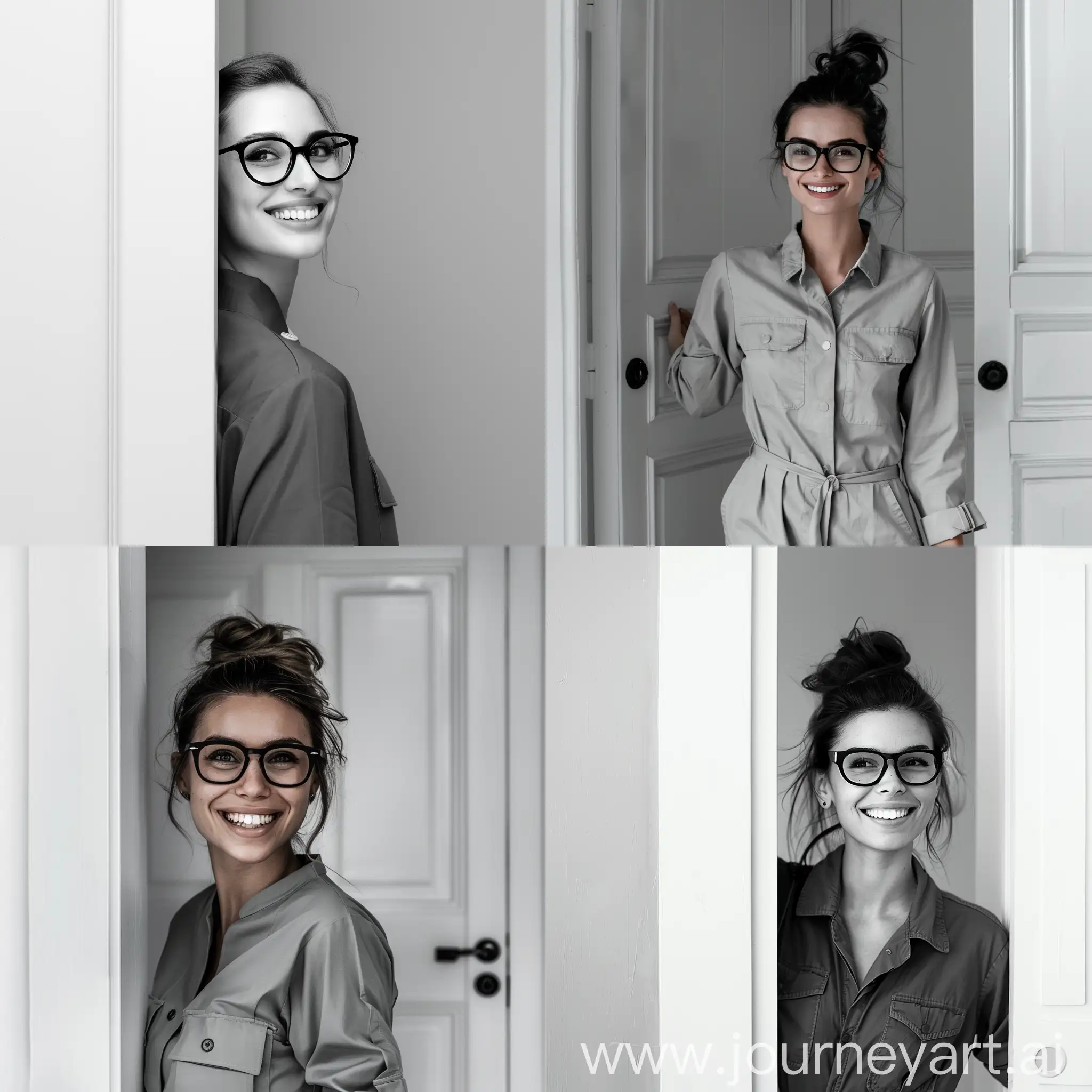 Stylish-Woman-in-Darkened-Glasses-Walking-Through-White-Door