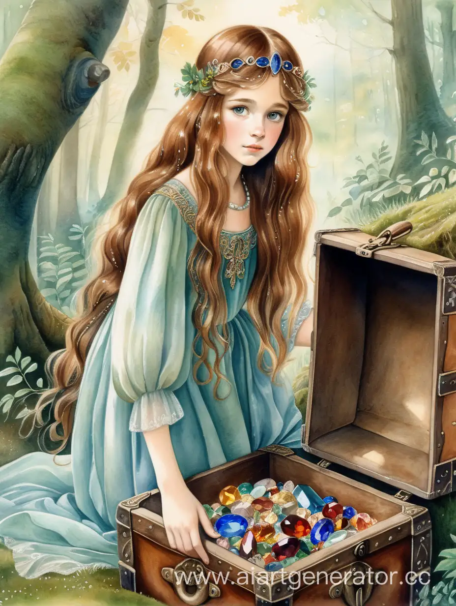 Enchanting-Watercolor-Painting-of-a-Slavic-Girl-with-a-Treasure-Chest-in-a-Mossy-Forest