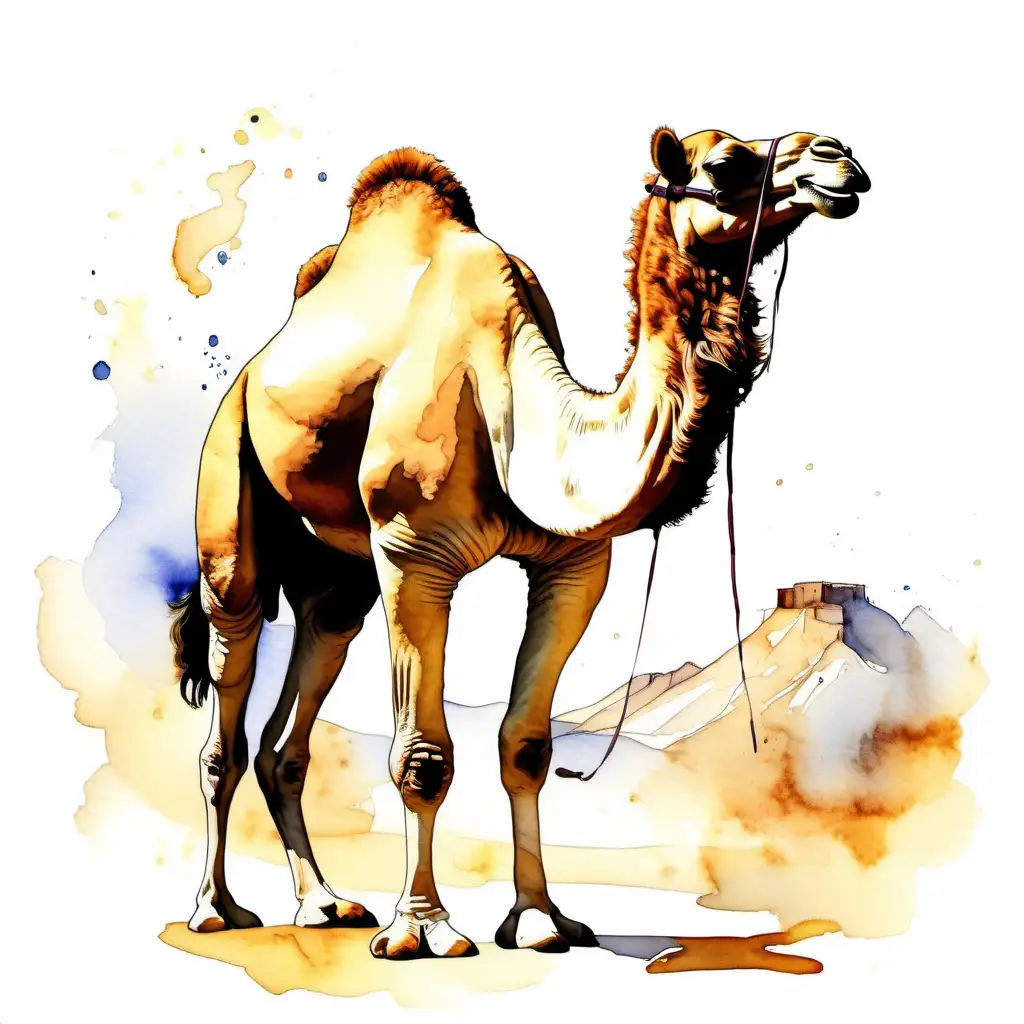 Camel white  watercolour painting artwork beautiful magical enchantment welcoming friendly white background 