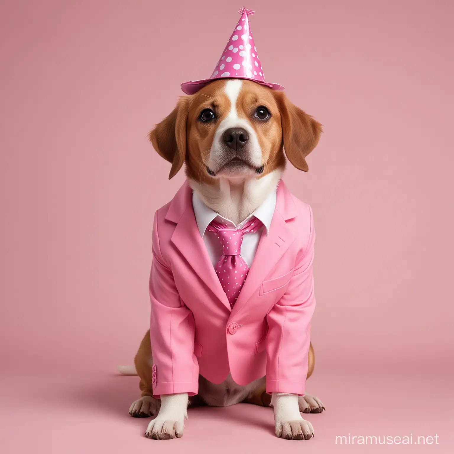 generate a girl dog with a pink business casual suit. Dog is happy. Add a party hat