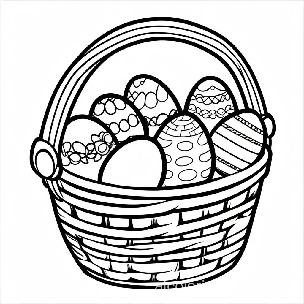 A basket with easter eggs for kids, Coloring Page, black and white, line art, white background, Simplicity, Ample White Space. The background of the coloring page is plain white to make it easy for young children to color within the lines. The outlines of all the subjects are easy to distinguish, making it simple for kids to color without too much difficulty