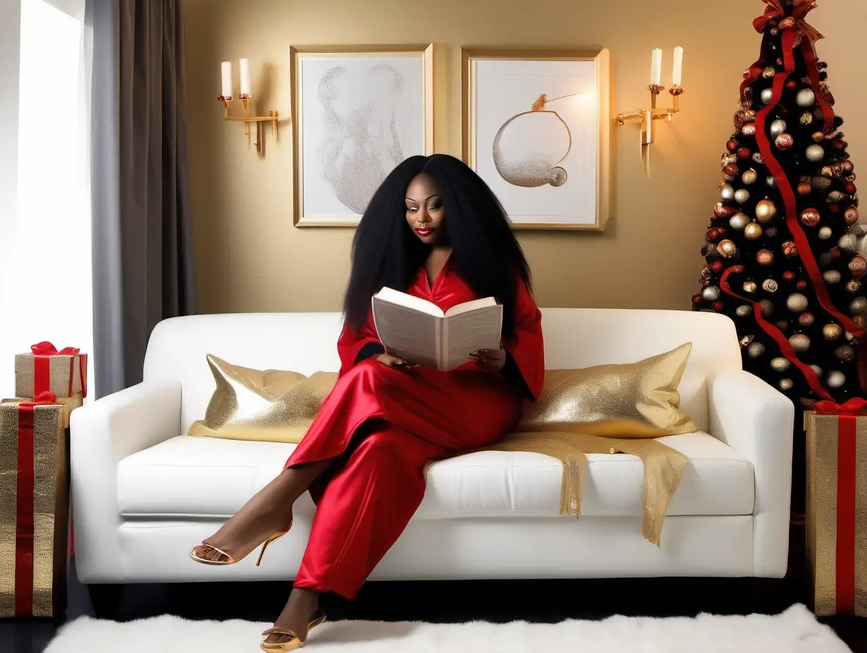 generate relaxing scene with a tall white Christmas tree decorated with gold ornaments, red ornaments, red and gold ribbons, in a living room setting with a realistic fat African American woman with long straight hair, sitting on  a white couch with her legs on the couch, wearing a black robe with black furry slippers, reading a book, bottle of white wine on the coffee table with fruit tray. a picture behind the couch on the wall exact words, “LUX GETAWAYS by KG”