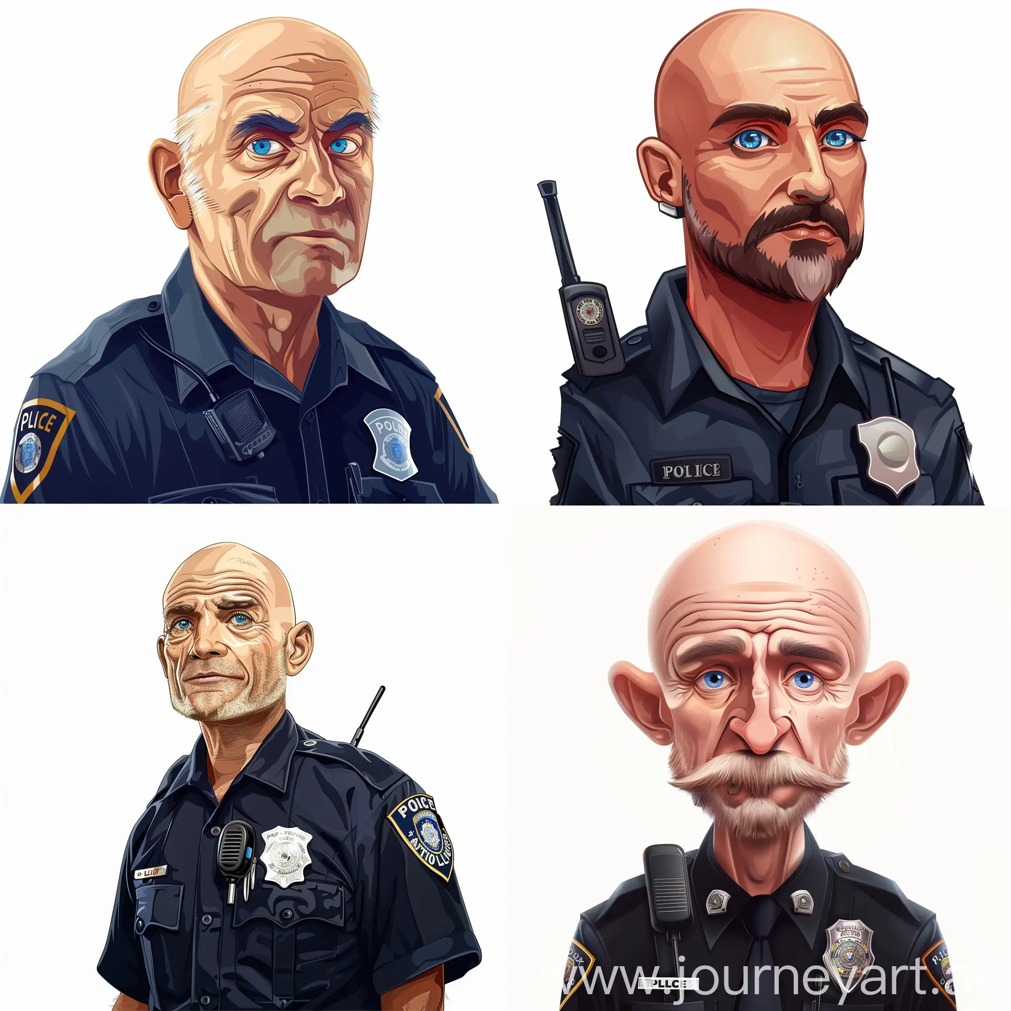 A Baldy Persian policeman with Police Walkie in realistic illustration, blue eyes, background white simple 