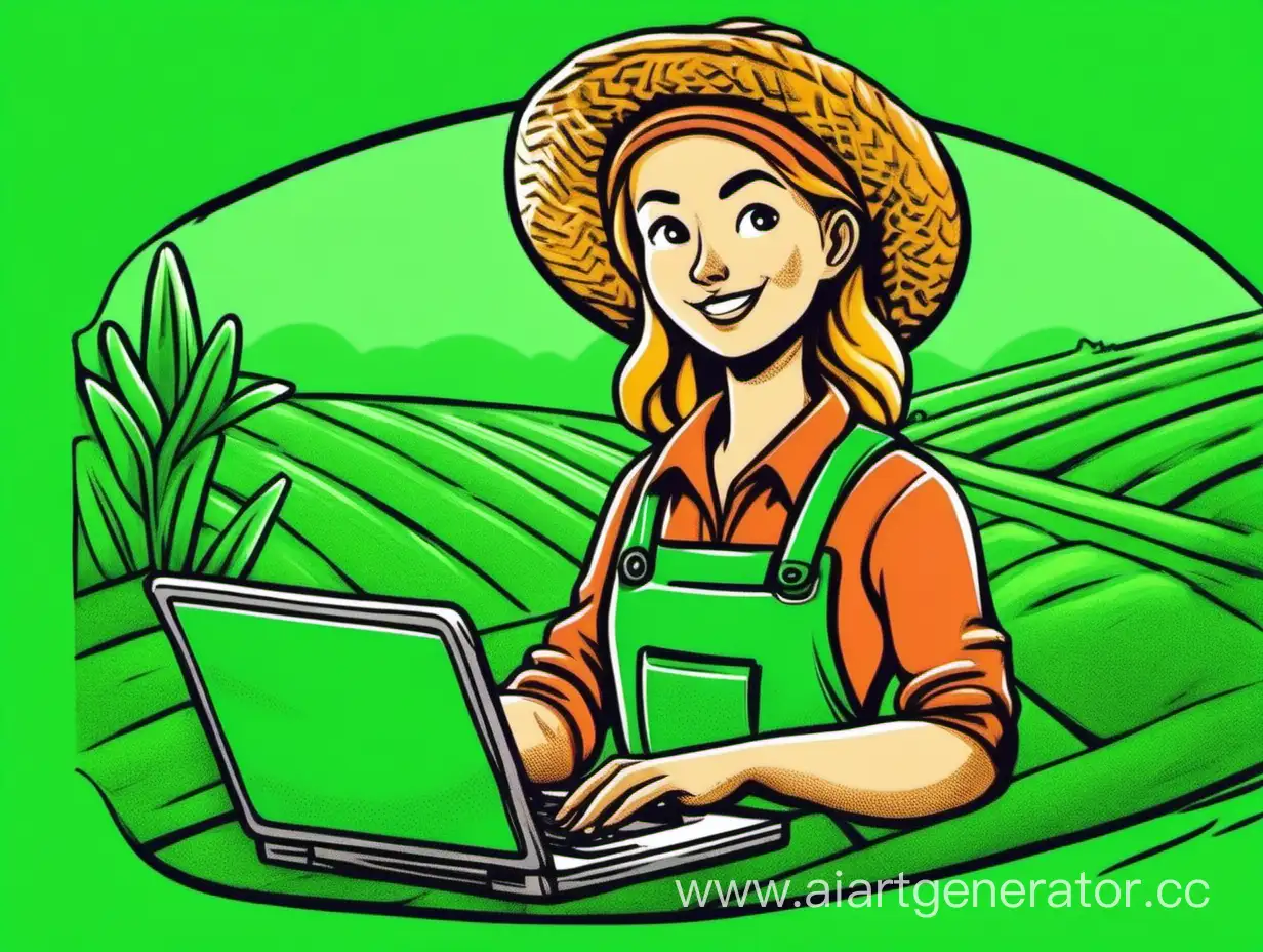 нарисованный персонаж на зелёном фоне девушка фермер с компьютером в руках