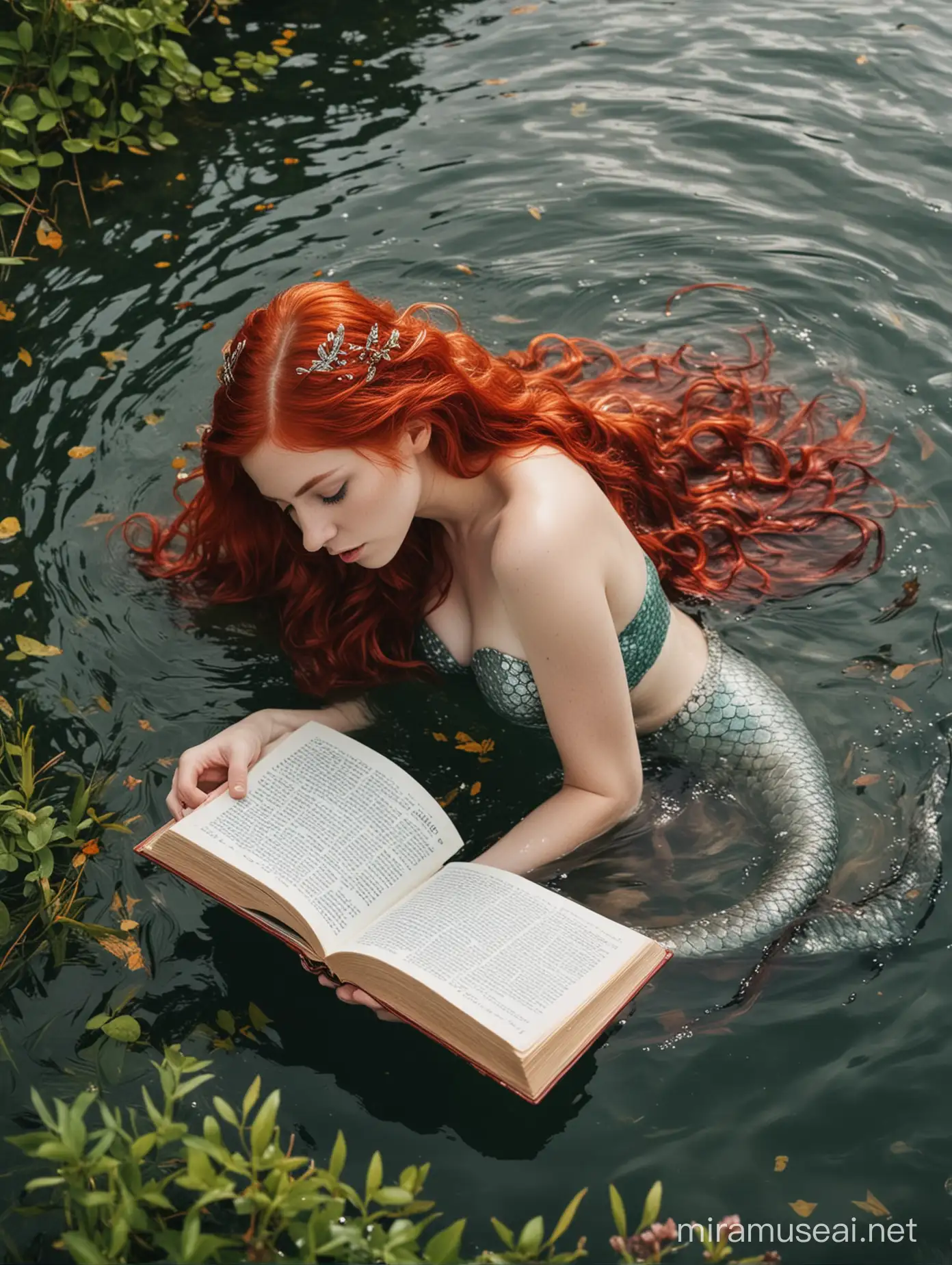 Sirena con i capelli rossi immersa nella natura scrive su un libro una poesia 
Dal libro fuoriescono parole 