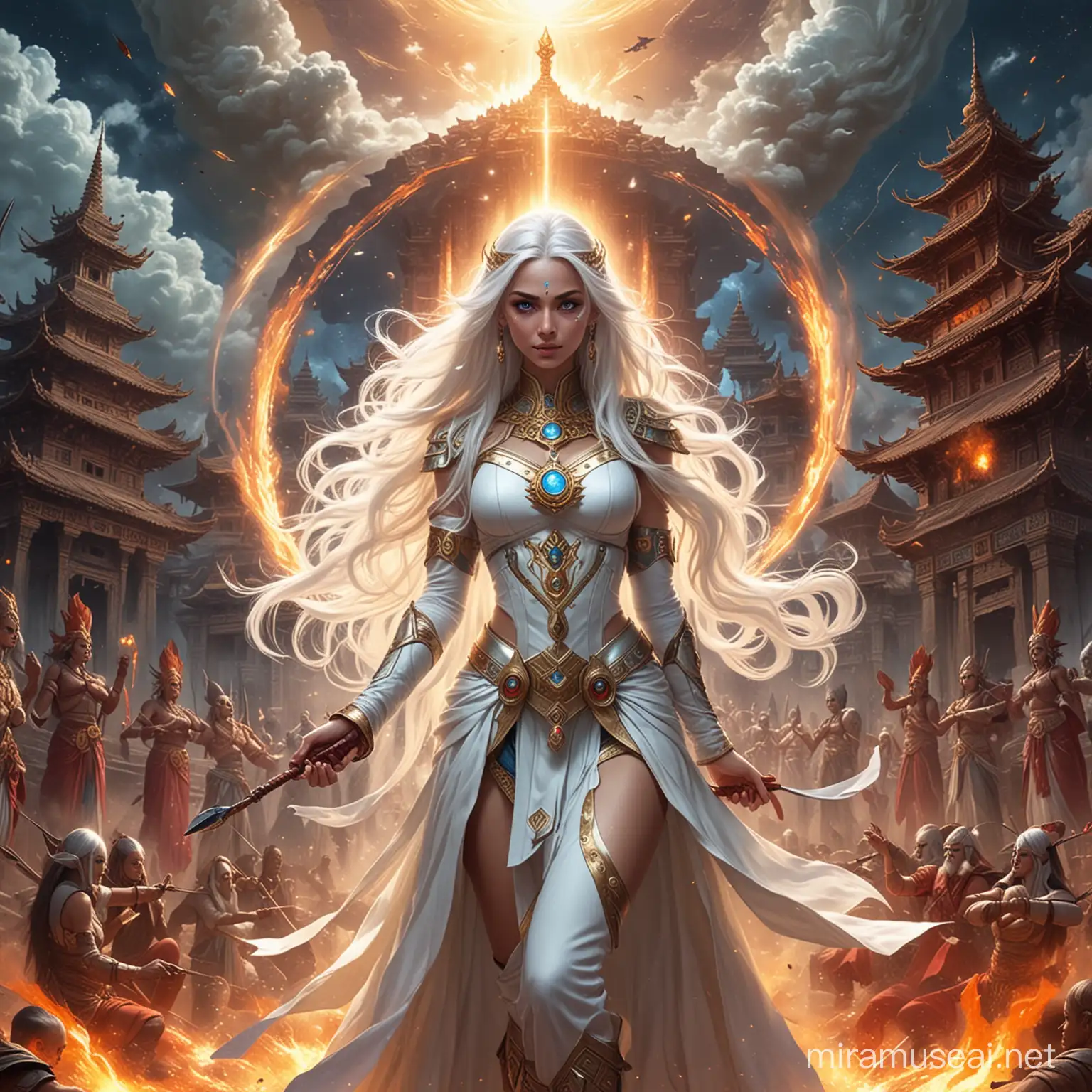 Powerful Young Empress Goddess Surrounded by Cosmic Energy and Fire
