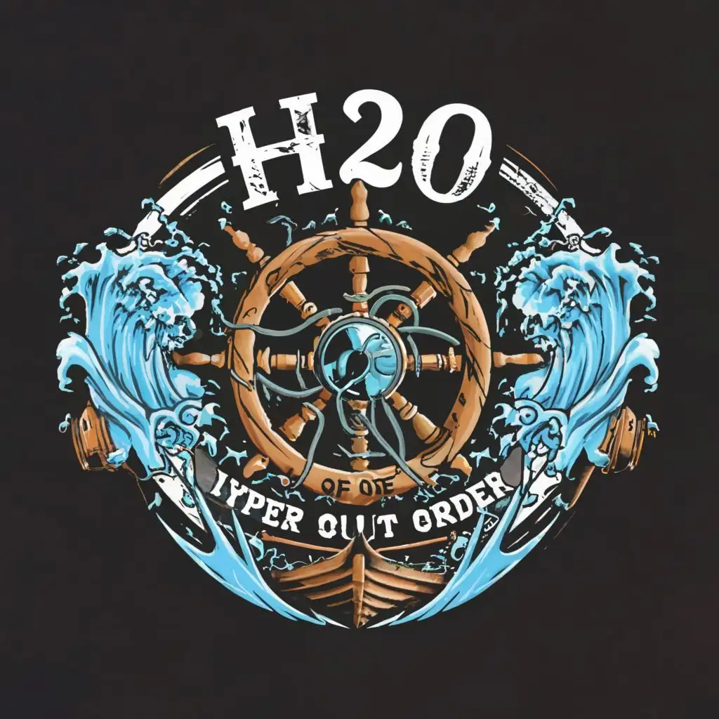 LOGO-Design-for-H2O-Nautical-Theme-with-Ship-Steering-Wheel-Splash-Circle-and-Head-Horns-on-a-Watery-Background