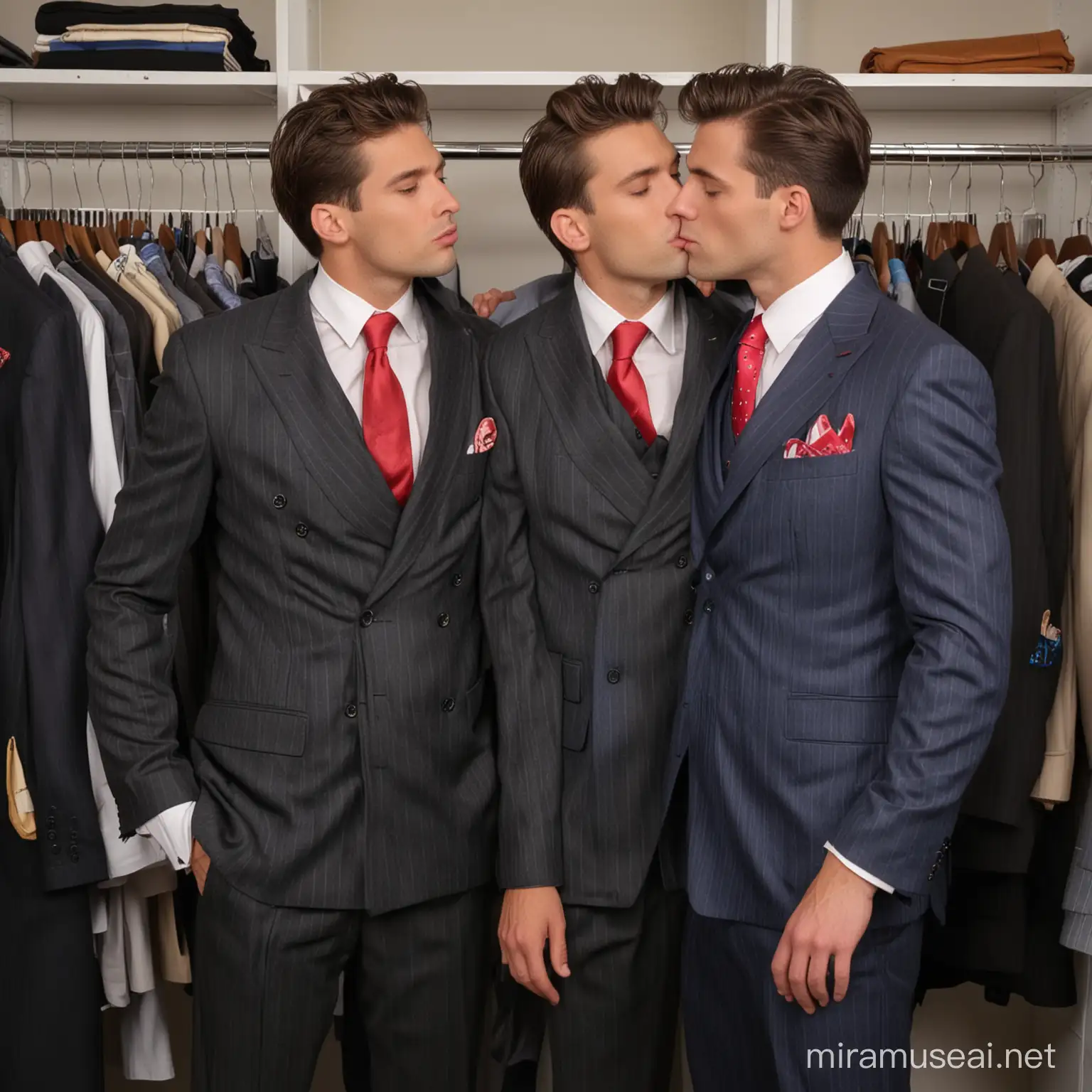 wide shot, three men, taking off pinstripe suit and bright tie, disheveled , very wide lapels, kissing his cheek, in a gentlemen's closet , lots of suits on racks, photographic, high resolution
