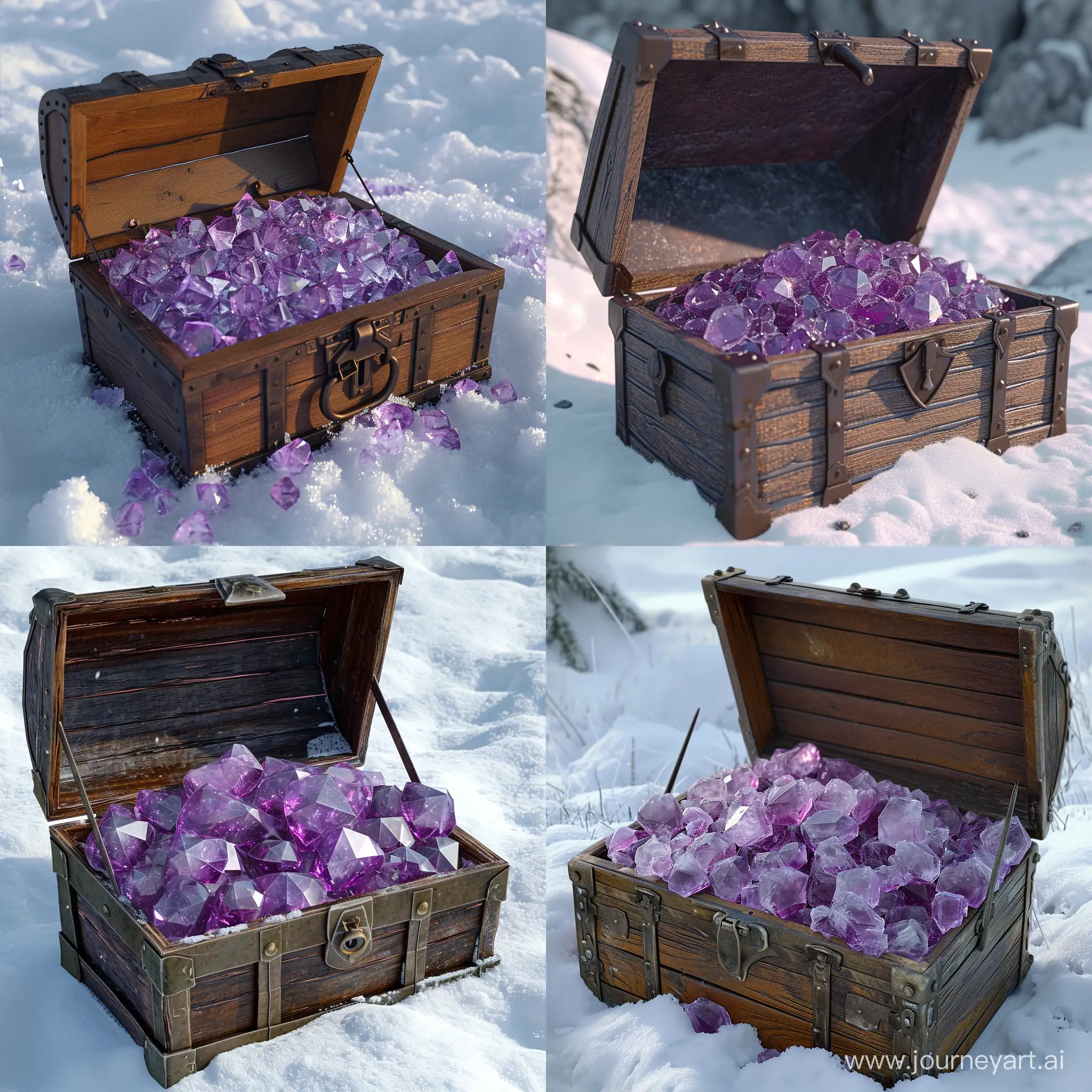 a chest full of purple gem in the snow, detailed 3d in retro style