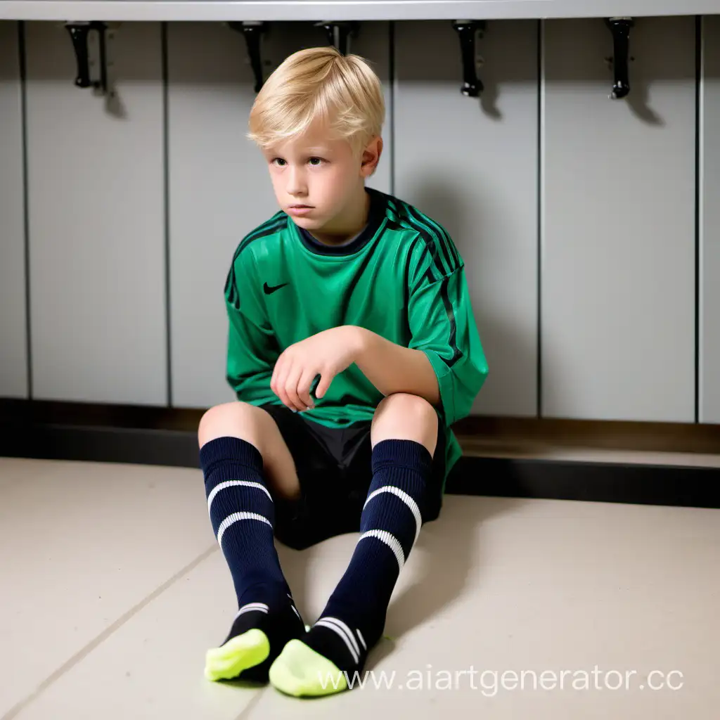 Blonder junge sitzt in umkleide und trägt Fußballsocken ohne fussballschuhe 