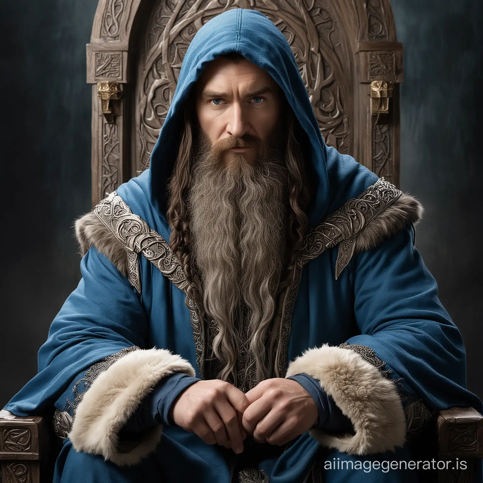 Thorin from the Hobbit sitting on a mighty throne. He wears a blue hood. His beard is white. His armor is golden. Thorin Oakenshield. The Hobbit. Dwarf