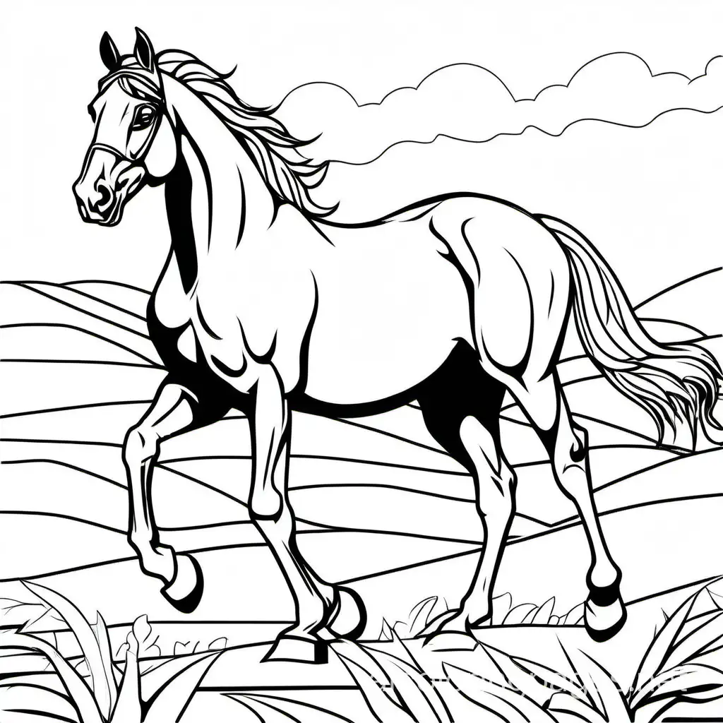 horse, Coloring Page, black and white, line art, white background, Simplicity, Ample White Space. The background of the coloring page is plain white to make it easy for young children to color within the lines. The outlines of all the subjects are easy to distinguish, making it simple for kids to color without too much difficulty