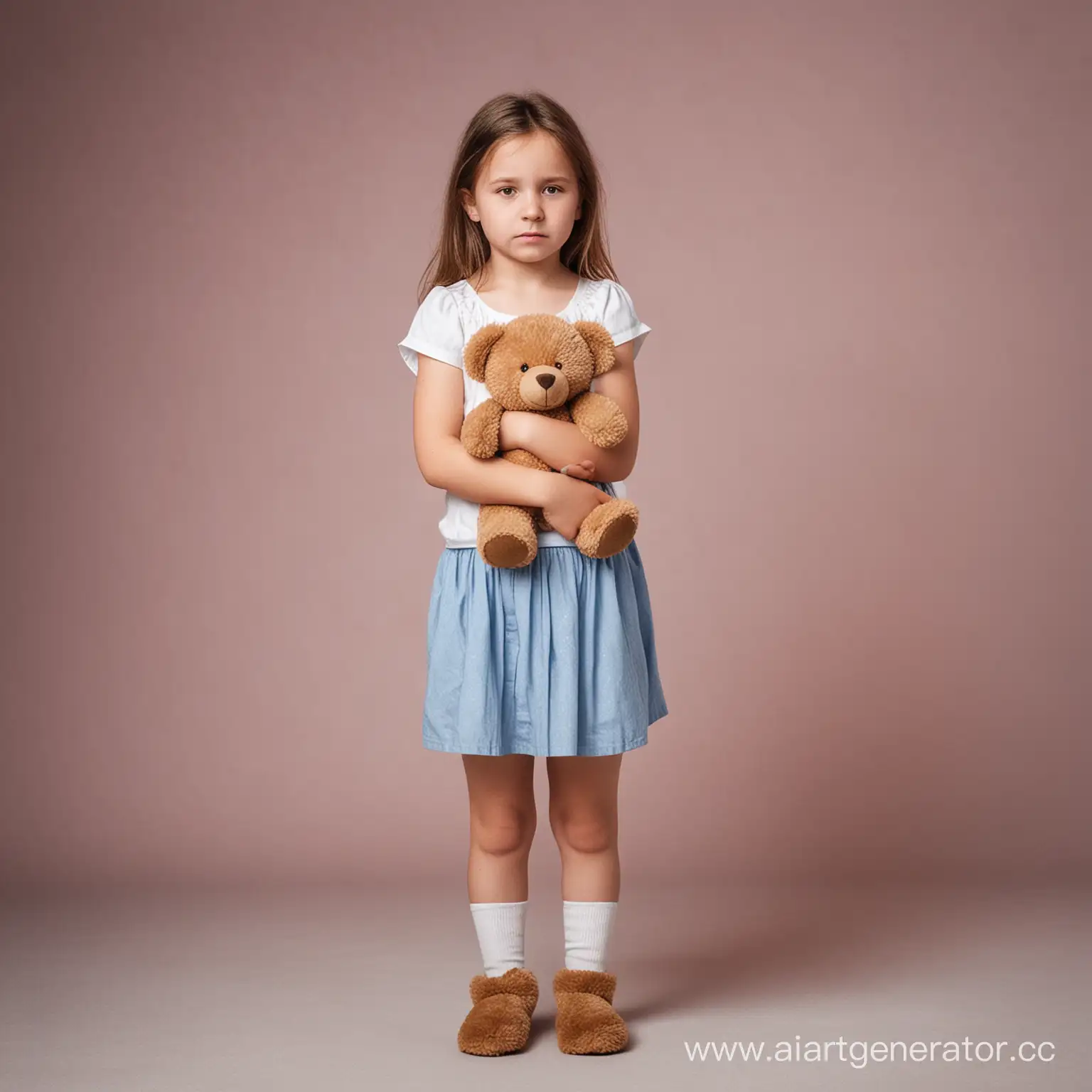 Фотография девочки 10 лет в полный рост. Девочка грустная, стоит с игрушечным медвежонком в руках.