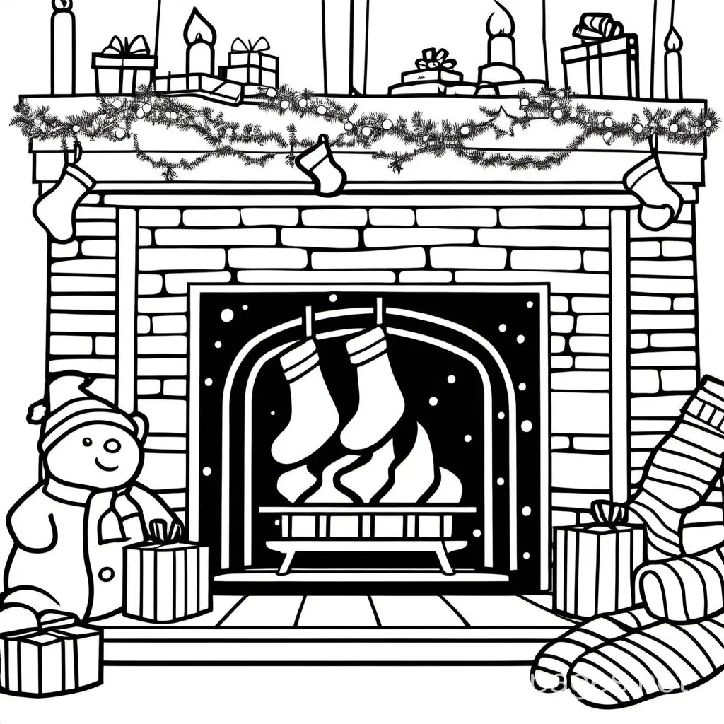 A cozy fireplace adorned with twinkling lights and stockings hung with care., Coloring Page, black and white, line art, white background, Simplicity, Ample White Space. The background of the coloring page is plain white to make it easy for young children to color within the lines. The outlines of all the subjects are easy to distinguish, making it simple for kids to color without too much difficulty